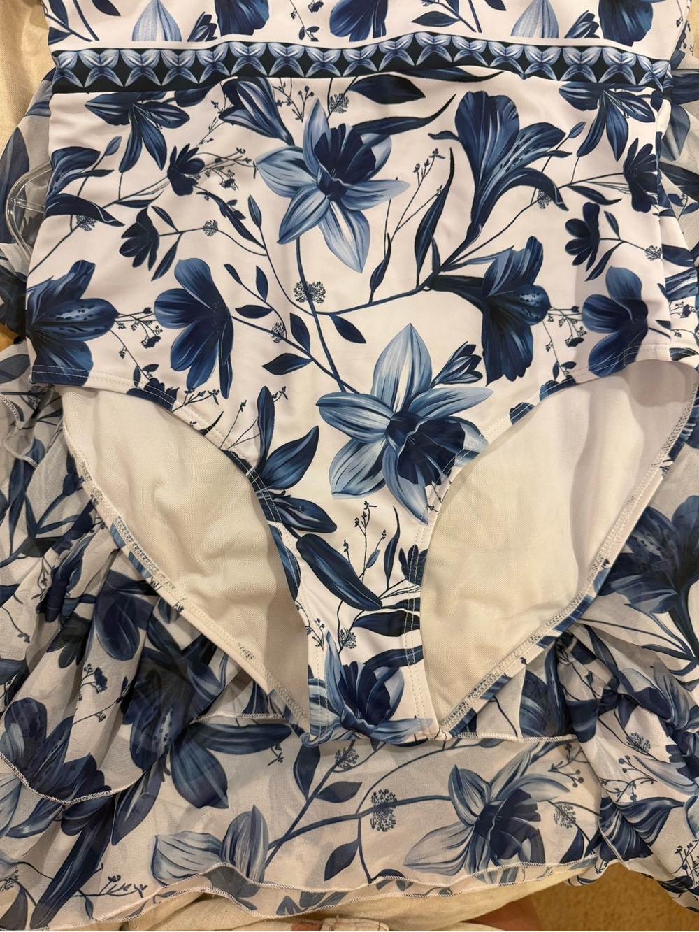 Blue & White Floral Matching Swim Set – M - 1-Piece Swimsuit + Maxi Cover-Up - Picture 10 of 12